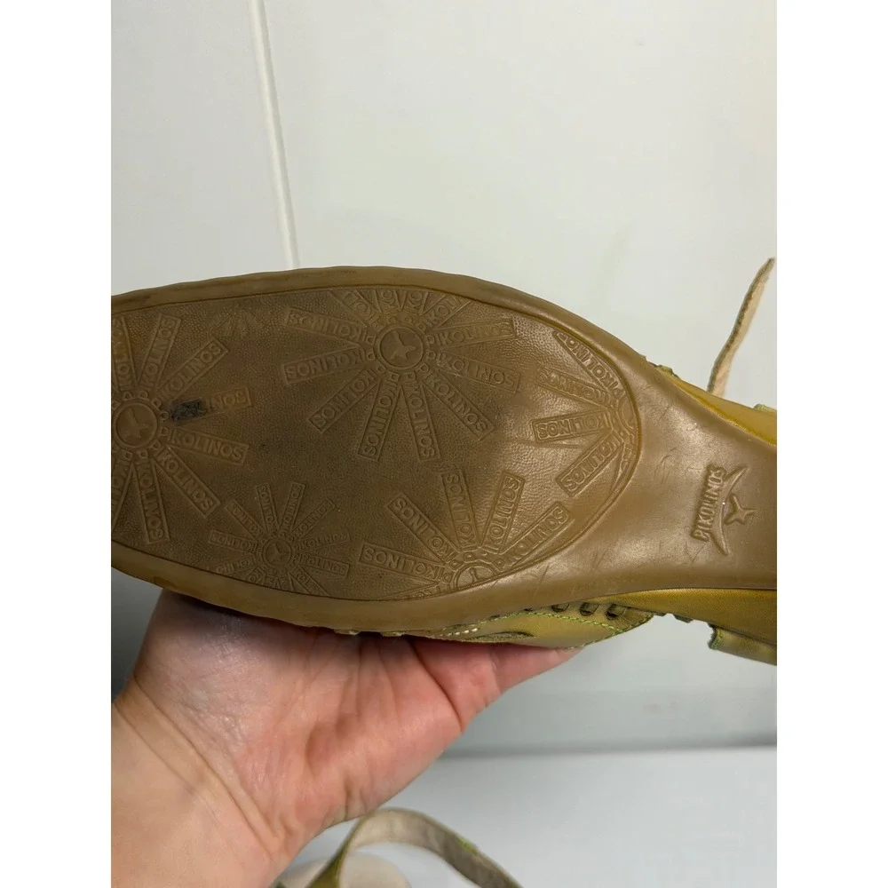 Pikolinos Sandals Olive Green Leather Laser Cut Out Ankle Strap Heels 36 Women